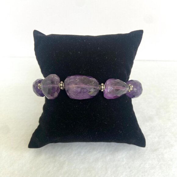 Sterling Silver 925 Faceted Amethyst Chunk Beaded Bracelet 8" Fits 6.75" Wrist - Picture 5 of 16
